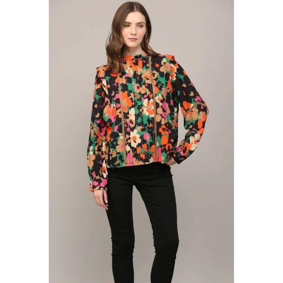 Fate Floral Long Sleeve Mock Neck Tucked Lace Insert Blouse Women's Size Large - Picture 4 of 9